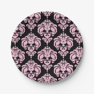 Licht Roze & Zwarte Damast Chic Elegant Feestje Papieren Bordje