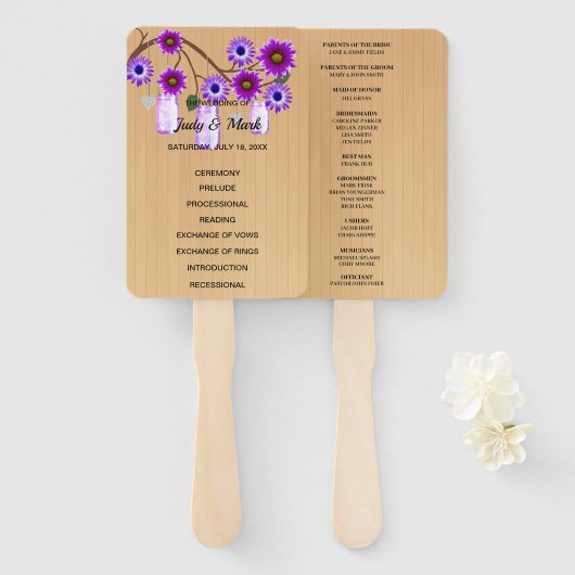 Licht rustiek Paarse Bloemen Mason Jars Bruiloft Handwaaier (Voorkant en achterkant)