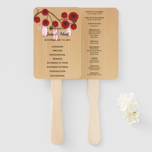 Licht Rustisch Rood Mason Jars Weddenschap Handwaaier (Voorkant en achterkant)