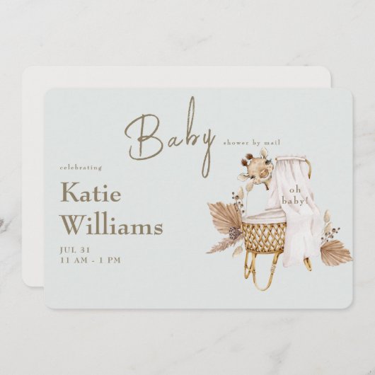 Licht Sage Baby shower Bassinet Giraffe Virtual Kaart (Voorkant / Achterkant)