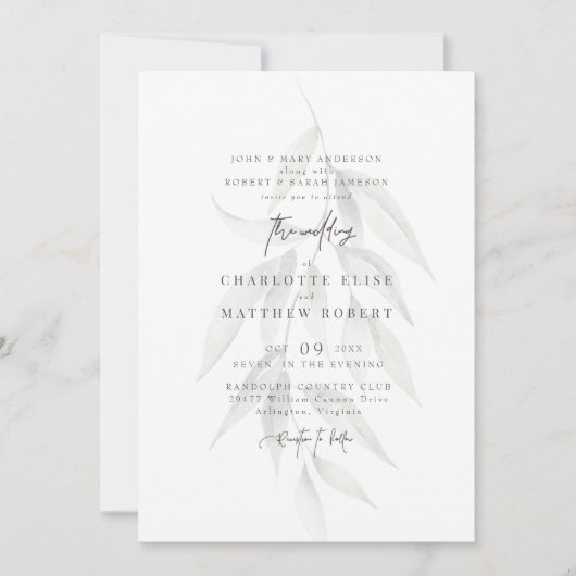 Licht Sage Gedempt Bladgroen Modern Bruiloft Kaart (Voorkant)