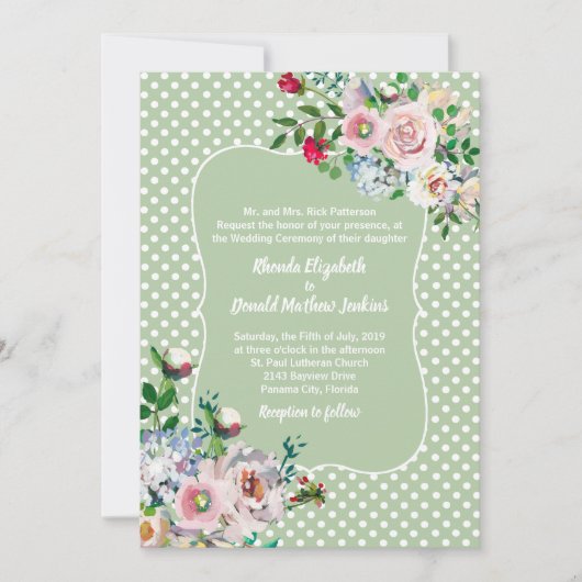 Licht Sage met Witte Stippen en Bloemen Weddenscha Kaart (Voorkant)