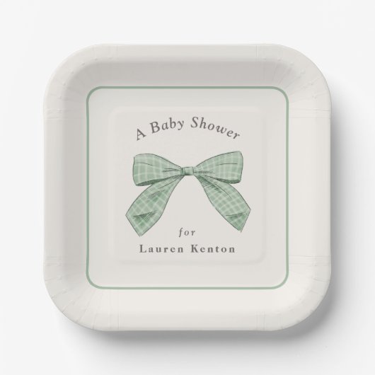 Licht Sage Plaid Bow Elegant Boy Baby shower Papieren Bordje (Voorkant)