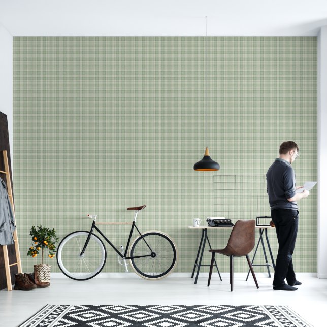 Licht salie groen plaid behang (Woonkamer)