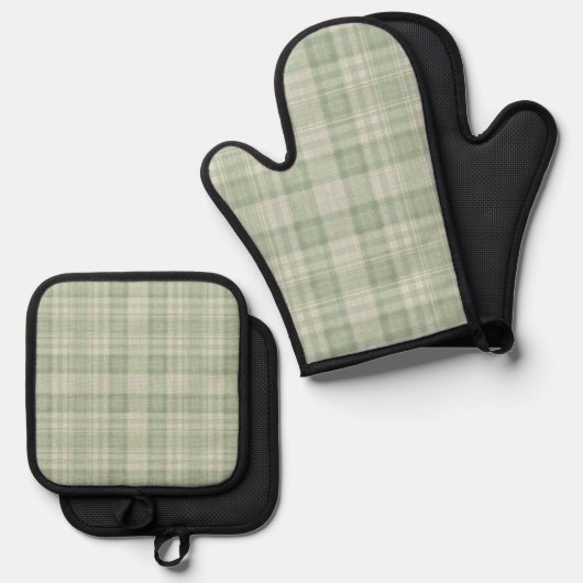 Licht salie groen plaid ovenwant & pannenlap set (Voorkant / Achterkant)