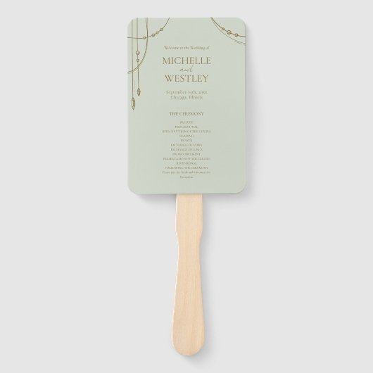 Licht saliegroen boho gedrapeerde kralen bruiloft handwaaier (Voorkant)