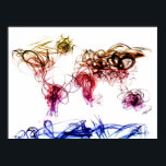 Licht schrijven van wereldkaart poster<br><div class="desc">Een kaart van de wereld gemaakt van bewegende lichtbundels. Het bewegende licht werd op camera vastgelegd met lange belichting. Deze methode om bewegend licht te vangen is gekend als licht schilderen,  of licht het schrijven. Het afbeelding werd dan omgekeerd om in een witte achtergrond te resulteren.</div>