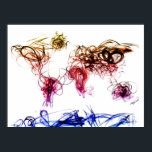 Licht schrijven van wereldkaart poster<br><div class="desc">Een kaart van de wereld gemaakt van bewegende lichtbundels. Het bewegende licht werd op camera vastgelegd met lange belichting. Deze methode om bewegend licht te vangen is gekend als licht schilderen,  of licht het schrijven. Het afbeelding werd dan omgekeerd om in een witte achtergrond te resulteren.</div>