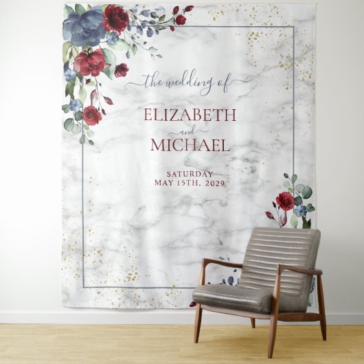 Licht Stof Blauw Bourgondië Bloem Goud Bruiloft Wandkleed (In situ)