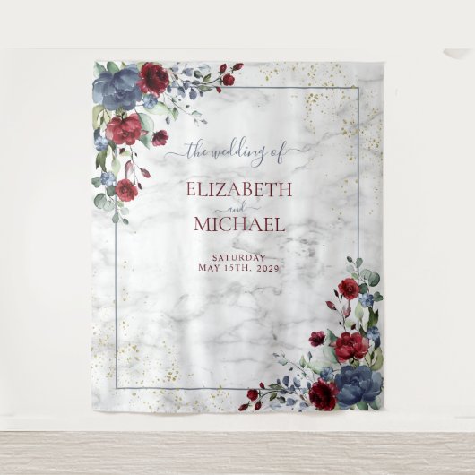 Licht Stof Blauw Bourgondië Bloem Goud Bruiloft Wandkleed (Voorkant)