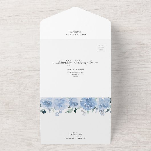 Licht Stofachtig Babyblauw Bloemig Botanisch Trouw All In One Uitnodiging (Buitenkant)