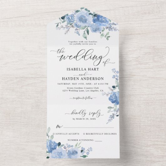 Licht Stofachtig Babyblauw Bloemig Botanisch Trouw All In One Uitnodiging (Binnen)