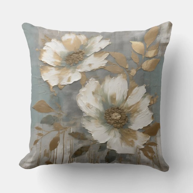 Licht Stofblauw Wit Goud Moderne Bloem Kussen (Voorkant)