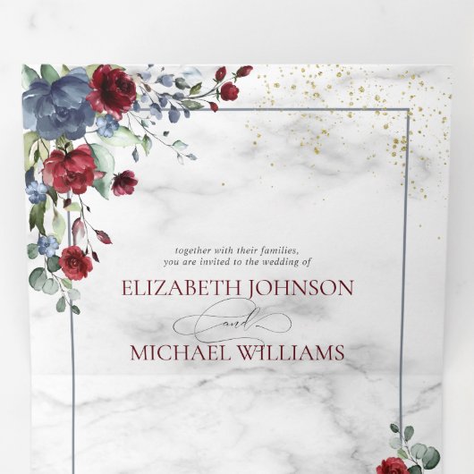 Licht Stoffig Blauw Bourgogne Bloemen Bruiloft Tri Drieluik Uitnodiging (Binnenzijde eerst)