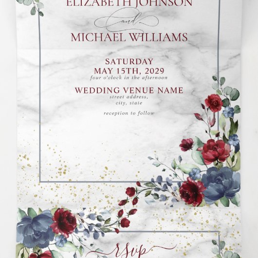 Licht Stoffig Blauw Bourgogne Bloemen Bruiloft Tri Drieluik Uitnodiging (Binnenkant midden)