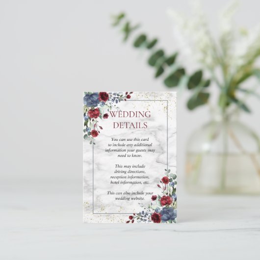 Licht Stoffig Blauw Bourgogne Goud Bruiloft Detail Informatiekaartje (Staand voorkant)