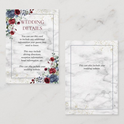 Licht Stoffig Blauw Bourgogne Goud Bruiloft Detail Informatiekaartje (Voorkant / Achterkant)