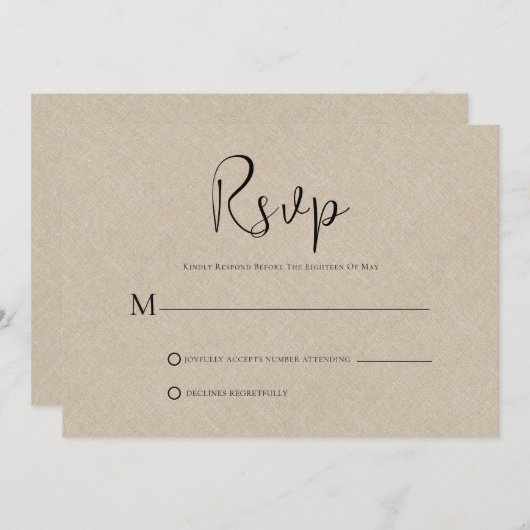 Licht Tan Linnen Eenvoudig Zwart Script RSVP-kaart Kaart (Voorkant / Achterkant)