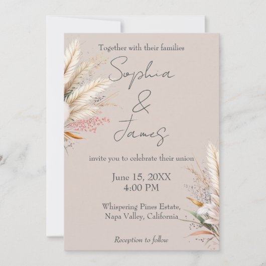 Licht Taupe Boho Pampas Grass Wedding Kaart (Voorkant)