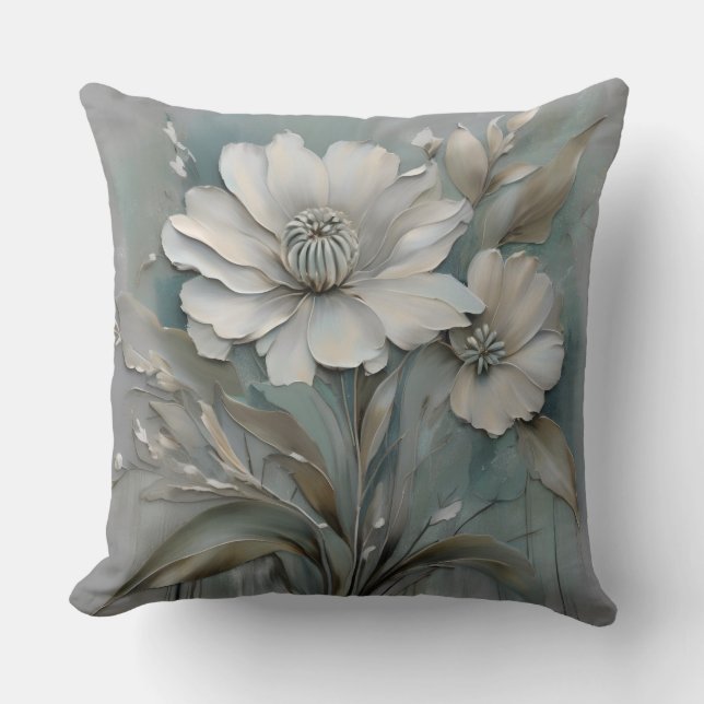 Licht Teal Blauw Grijs Beige Witte Moderne Bloemen Kussen (Voorkant)