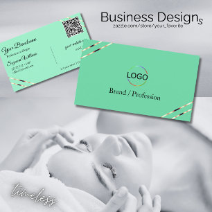 Licht Teal met Rose Gouden Lijnen Logo en QR Code Visitekaartje