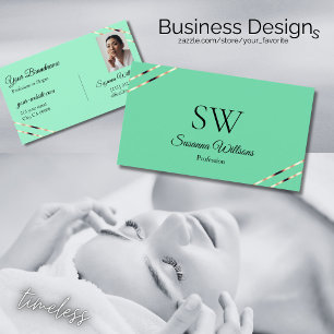 Licht Teal met Rose Gouden Lijnen Monogram en Foto Visitekaartje