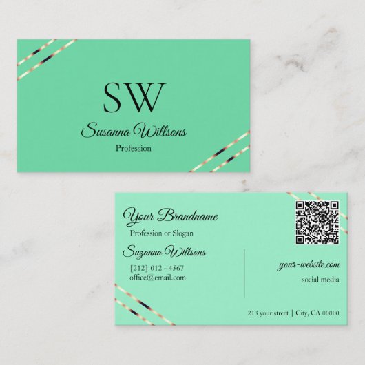 Licht Teal met Rose Gouden Lijnen Monogram QR Code Visitekaartje (Voorkant / Achterkant)