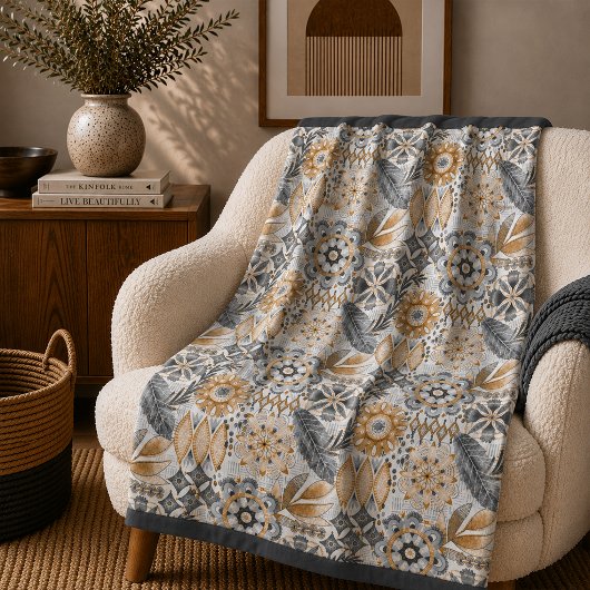 Licht Terracotta Grijs Botanisch Boho Patroon Fleece Deken