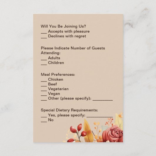 Licht Terracotta Herfst Bloemen bruiloft RSVP Kaar Informatiekaartje (Achterkant)