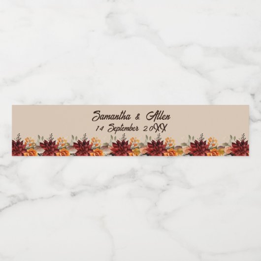 Licht Terracotta Herfst Bloemen bruiloft Waterfles Etiket (Enkel label)