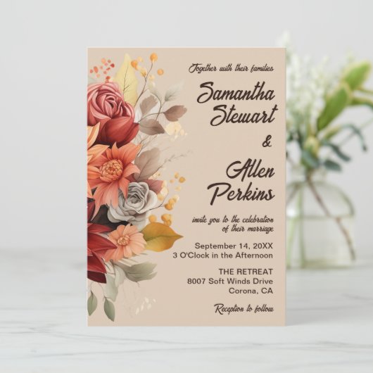 Licht Terracotta Herfst Bloemen Huwelijksuitnodigi Kaart (Staand voorkant)