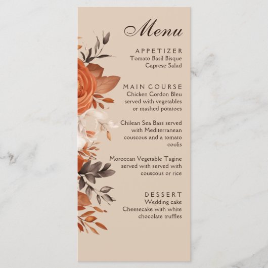 Licht terracotta verbrande Sinaasappel bruiloft Menu (Voorkant)