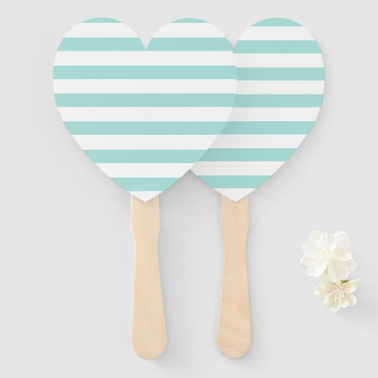 Licht Turquoise en Wit Breed Horizontaal Gestreept Handwaaier (Voorkant en achterkant)