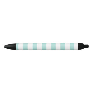 Licht Turquoise en Wit Breed Horizontaal Gestreept Zwarte Inkt Pen