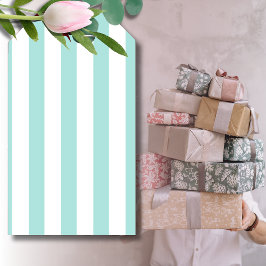 Licht turquoise en witte brede horizontale strepen cadeaulabel