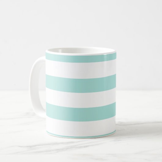 Licht turquoise en witte brede horizontale strepen koffiemok (Voorkant links)
