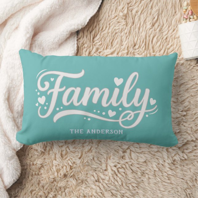 Licht turquoise Familie Hart Script Monogram Kussen (Deken)
