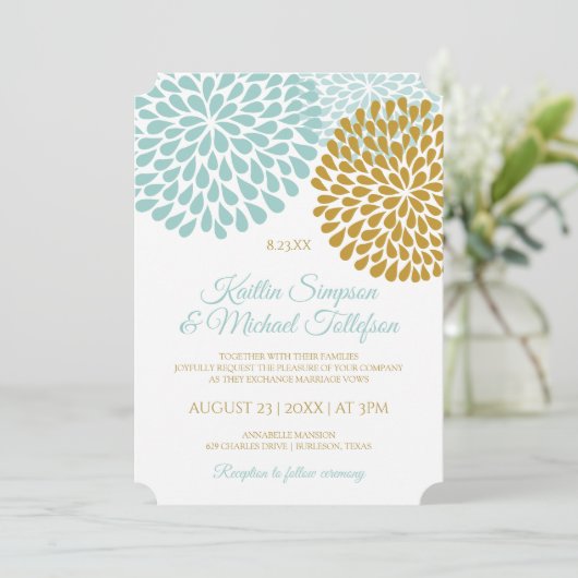 Licht Turquoise & Gouden Bruiloft Uitnodigingen (Staand voorkant)