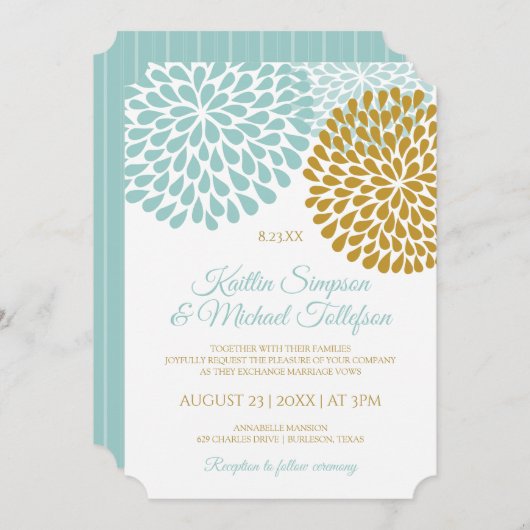 Licht Turquoise & Gouden Bruiloft Uitnodigingen (Voorkant / Achterkant)