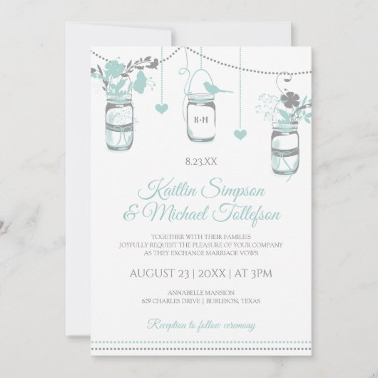 Licht Turquoise Mason Jar Wood bruiloft uitnodigin Kaart (Voorkant)