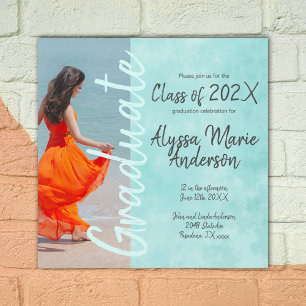 Licht Turquoise Script Graduation Party Foto Advieskaart