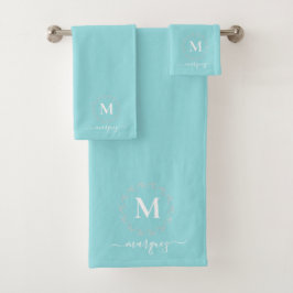 Licht Turquoise Wit Botanisch Krans Monogram Bad Handdoek