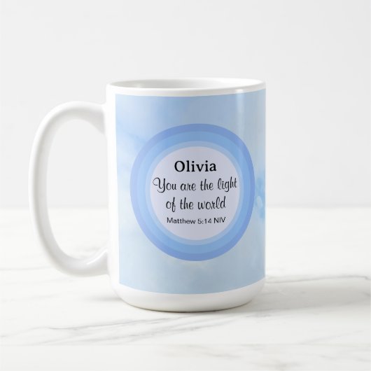 Licht van de Wereld Baby Blauwe Bijbel Verse Naam Koffiemok (Links)