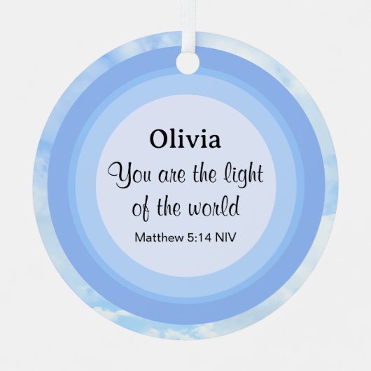 Licht van de Wereld Baby Blauwe Bijbel Verse Naam Metalen Ornament (Voorkant)