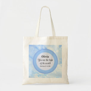 Licht van de Wereld Baby Blauwe Bijbel Verse Naam Tote Bag
