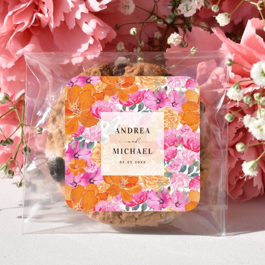 Licht Vervaagd Roze en Sinaasappel Bloemen Heldere Vierkante Sticker