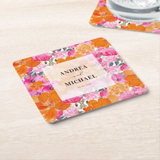 Licht Vervaagd Roze en Sinaasappel Bloemen Zomer B Kartonnen Onderzetters (Schuin)
