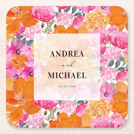 Licht Vervaagd Roze en Sinaasappel Bloemen Zomer B Kartonnen Onderzetters (Voorkant)