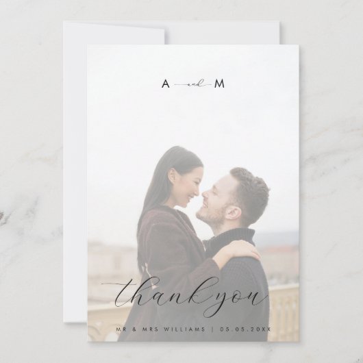 Licht Vervagende Foto Monogram Elegante Witte Brui Bedankkaart (Voorkant)