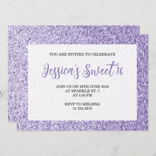 Licht violet sparkles Sweet 16 elegant script Kaart (Voorkant / Achterkant)